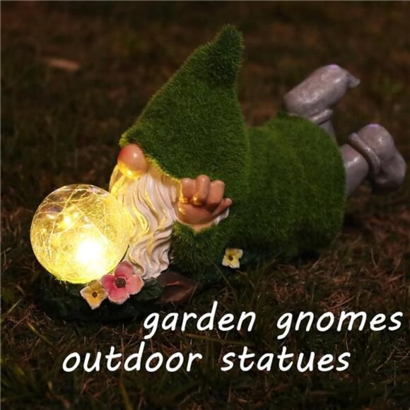 Garden Gnome Statue with Solar Crackle Glass Globe Lights, Resin Gnomes Statue - Picture 3 of 8